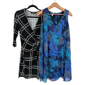 Nine West Dress Size 4 Blue Floral Chiffon Black Plaid Wrap Short Bundle Lot